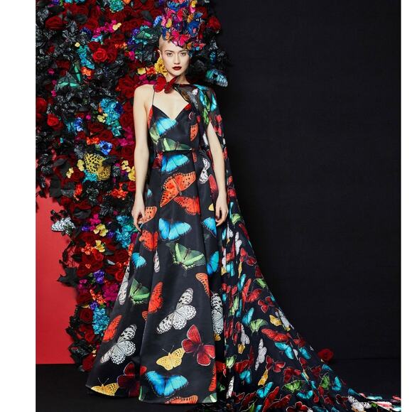 Alice + Olivia Butterfly Print Ball Gown Dress Bubble Hem Open Back Size 10 - Picture 13 of 13